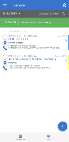 A screenshot of the service menu